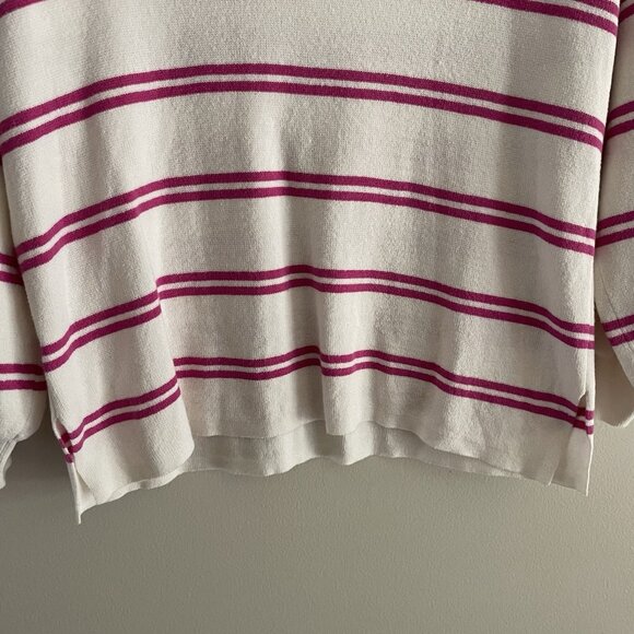 Loft Outlet Women Sz S White/Pink Striped Split V-Neck 3/4 Sleeve Sweater - Picture 2 of 9